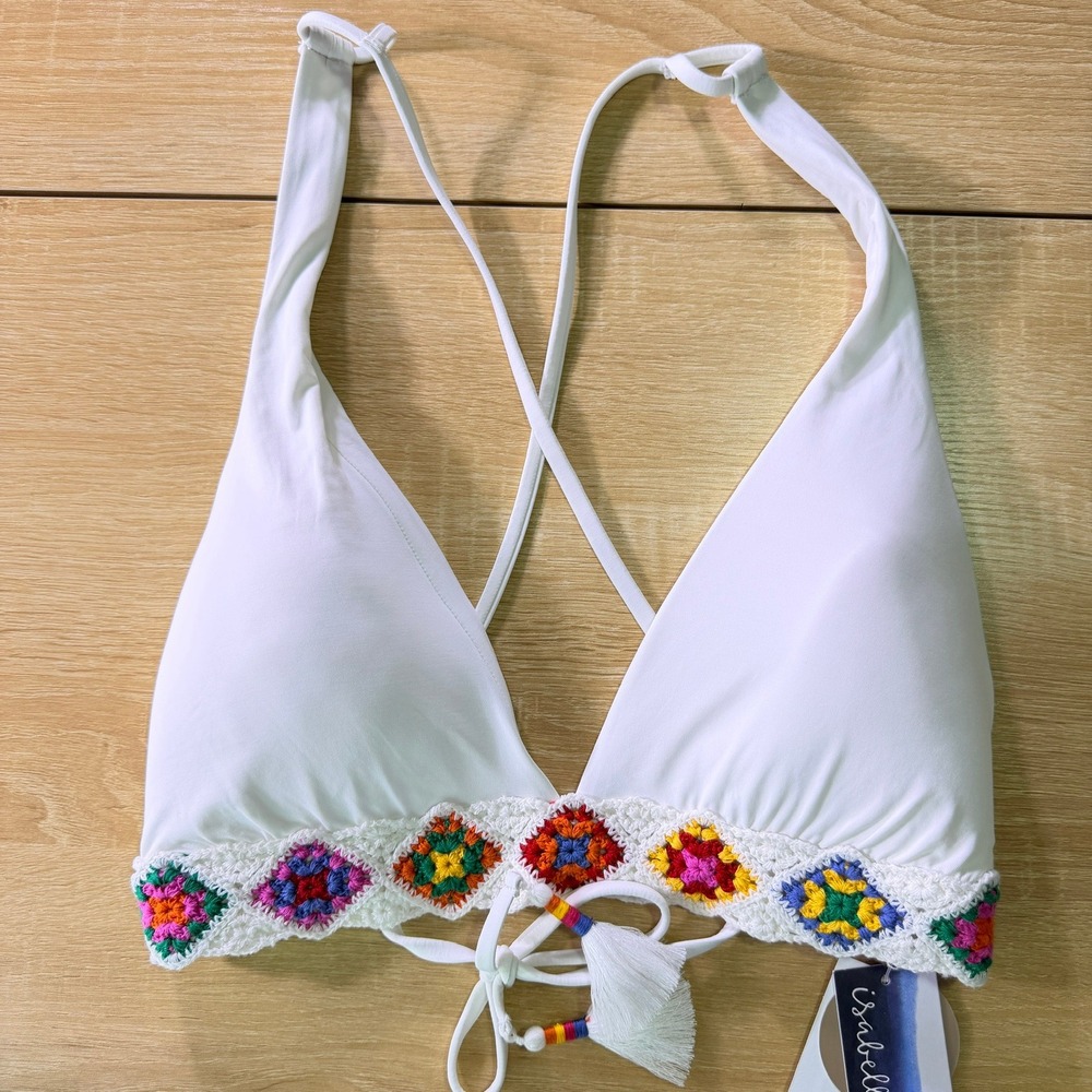 NEW Isabella Rose White Crochet Trim D Cup Bikini Top Boho Swim NWT